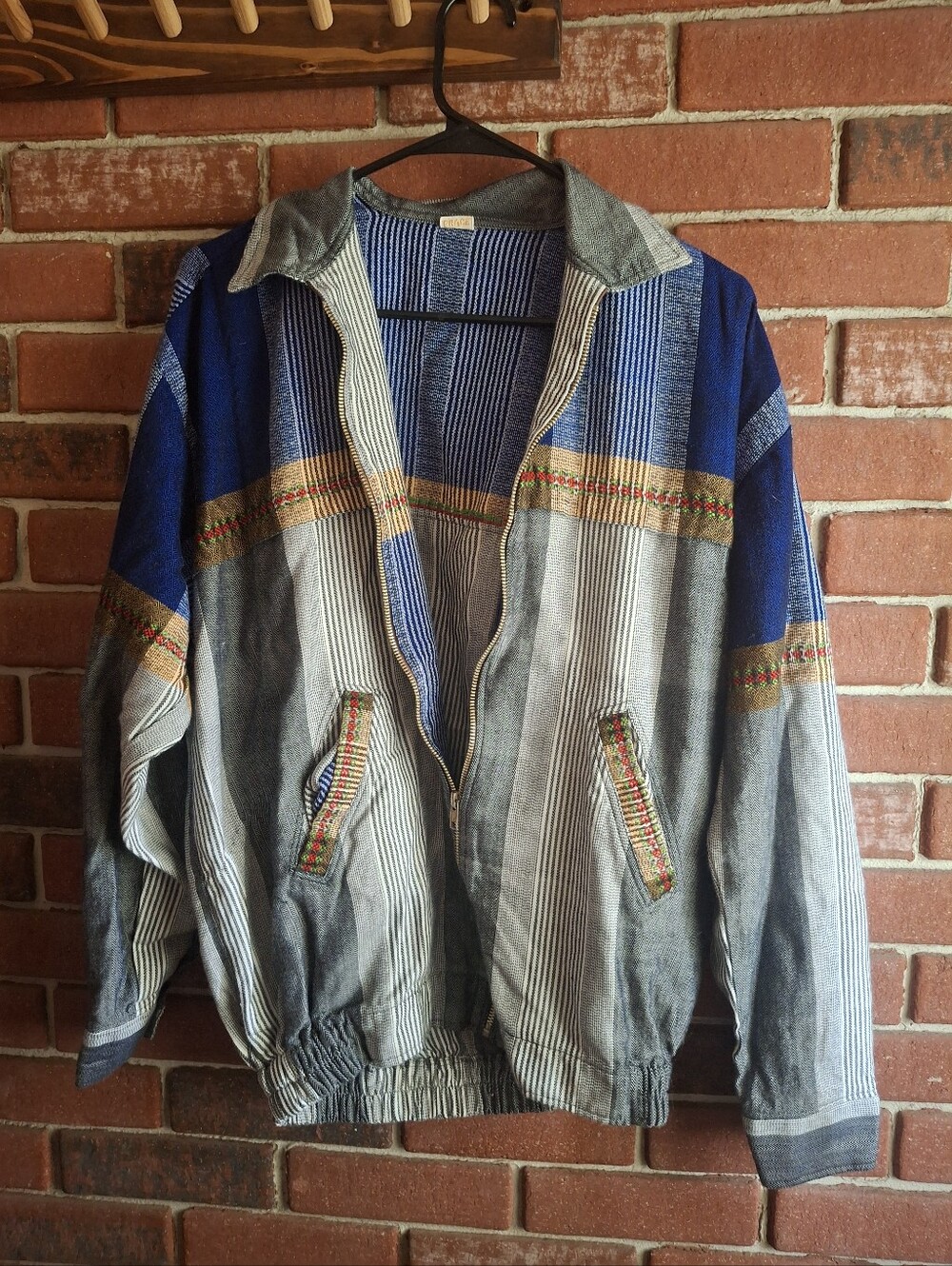 Blue and Gray Lightweight Zip Jacket with Woven Accents